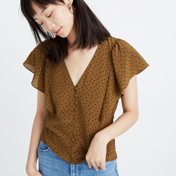 Madewell Tops - MADEWELL Carmelina Flutter Sleeve Polka Dot Silk Blouse Brown Black Size 2